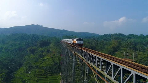 Train Crossing through the Longest Active Railway Bridge of Cikubang Stock Footage 128349983