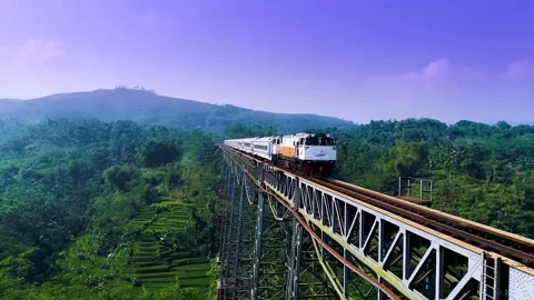 Train Crossing through the Longest Active Railway Bridge of Cikubang, West Java Stock Footage 168957097