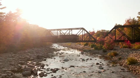 Train Crossing Trestle Bridge Over River - Drone/Dolly Shot 動画素材 141289566