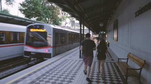 The train departs from the empty station Stock Footage 89454643