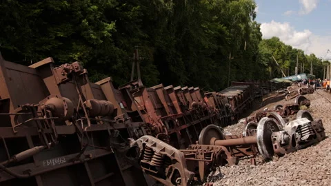 Train derailment. Damaged property rails after transport derailed, accident Stock Footage 159755118