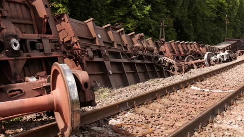 Train derailment. Derailed train electric multiple unit, wreckage of crashed 库存影片 159618316
