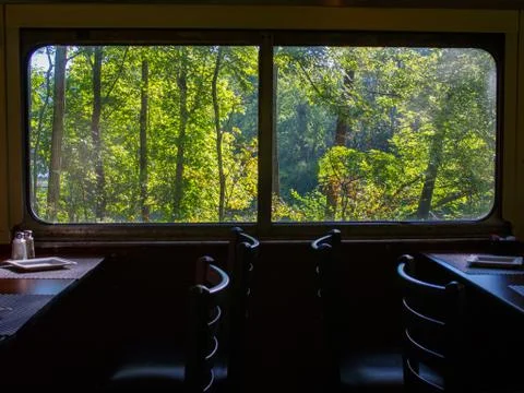 Train Dining Car Interior, Forest Through Window Stock Photos