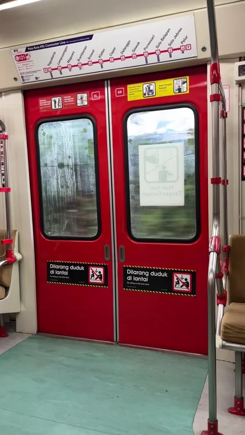 Train door from inside a moving train carriage Stock Footage 296452303