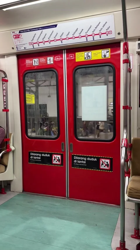Train door from inside a moving train carriage Stock Footage 296452388
