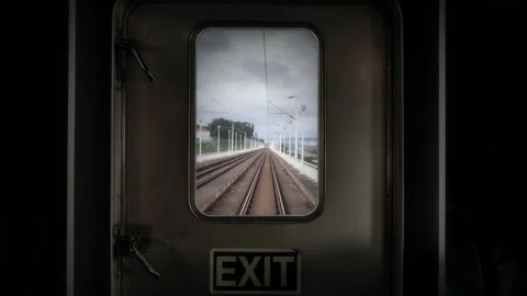 Train Door View From Inside Carriage Looking Tracks Passing Stock Footage 318609192