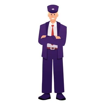 Train driver man wearing uniform with red tie, vector subway station Stock Illustration