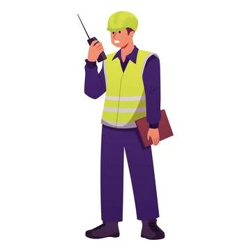 Train driver man wearing uniform, yellow vest and helmet speaks on the radio Stockillustratie