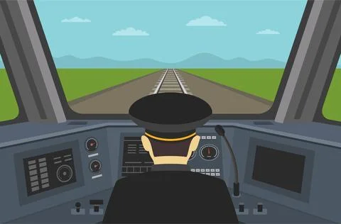 Train driver sitting in cabin of a modern train. Interior control place of train Stock Illustration