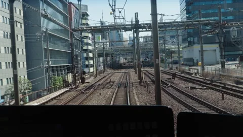 Train Driver View Rail Tracks Ahead Tokyo Urban Overhead Lines Japan Vidéo 335258608