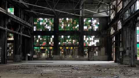 Train Driving by Abandoned Building Window Stock Footage 127404740