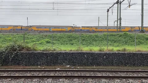 Train driving pass in a rainy day in Netherlands, traffic problem Vídeos de archivo 255227200