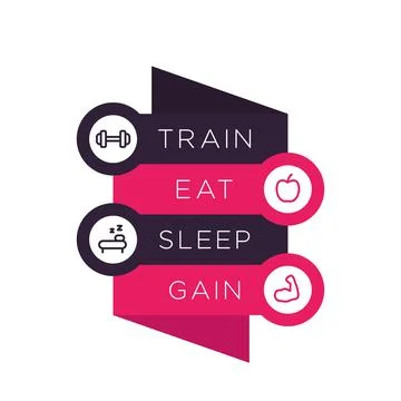 Train, eat, sleep, step labels with fitness line icons, vector poster for gym Ilustração Stock