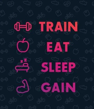 Train, eat, sleep, vector poster for gym with fitness icons イラスト素材