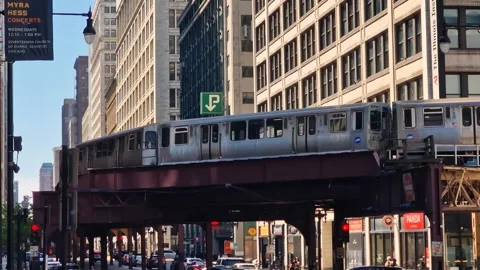Train on Elevated Railway Between Downtown Buildings of Chicago, Illinois USA Vídeos de archivo 316576180