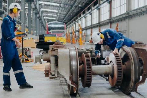Train engineer working check inspecting railway track at Train station, adv.. Foto stock