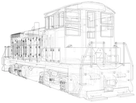 Train engines. Technical wire-frame. Vector rendering of 3d. EPS10 format Illustrazione stock