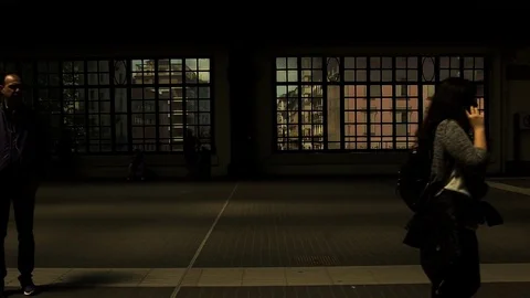 Train enters station, side view from the window 스톡 동영상 75639293