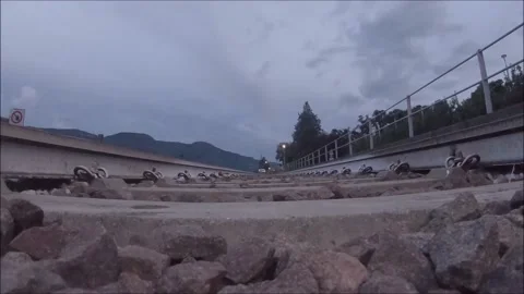 Train in the evening from below GoPro action cam made footage. Stock Footage 133450273