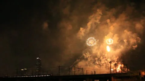 Train, fireworks and skyscraper Stock Footage 12247218