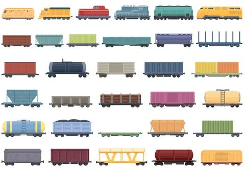 Train freight wagons icons set cartoon vector. Diesel locomotive Stock Illustration