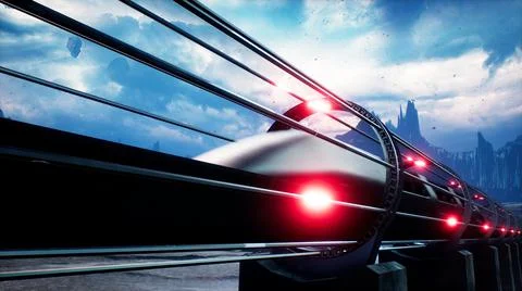 The train of the future rushes at high speed over a deserted alien planet. 3D Stock Illustration