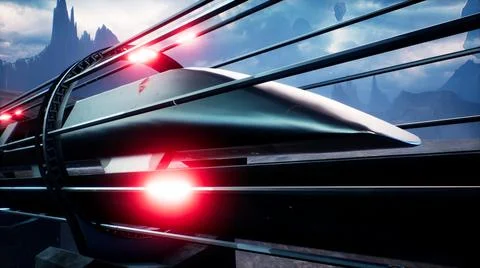 The train of the future rushes at high speed over a deserted alien planet. 3D Stock Illustration