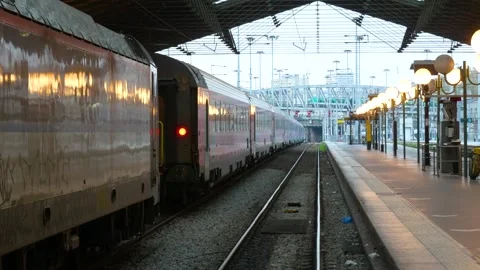 Train at Gare du Nord Platform with Tracks and Station Architecture Stock Footage 333003163