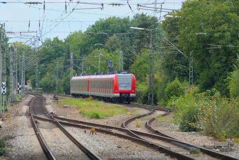 Train goes by rail Foto stock