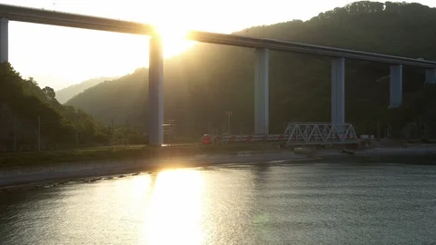 A train is going along the sea and an overpass Stock Footage 101575295