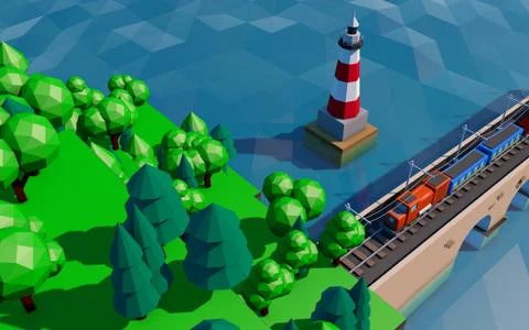 Train going by railway on bridge. Stock Illustration