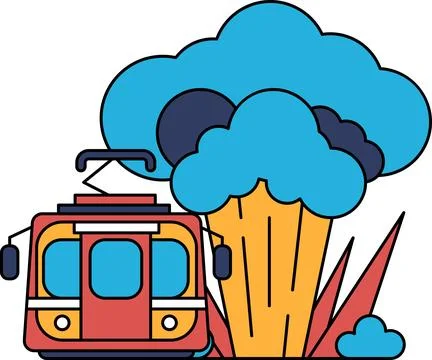 A train is going through a forest with a cloud of smoke in the background Illustrazione stock