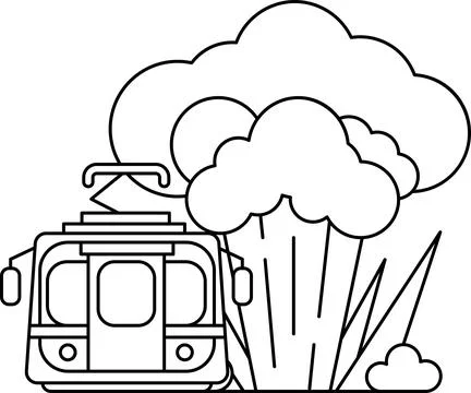 A train is going through a forest with a cloud of smoke in the background Illustrazione stock