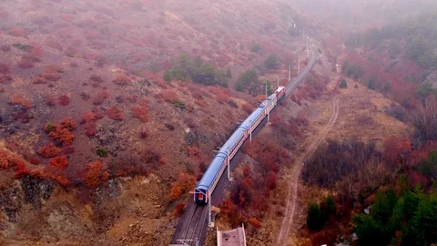 Train going through Tunnels in Autumn Stock Footage 113918434