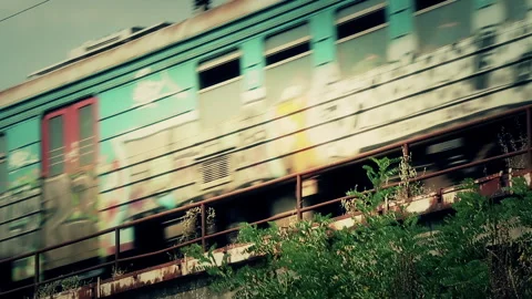 Train with graffiti passing by Stock Footage 241620138