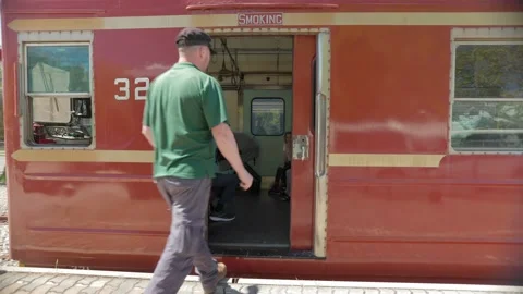 Train Guard Staff Worker On A Railcar Side View Stock Footage 221081461