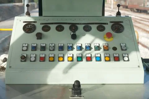 Train guide control panel with buttons and knobs and levers in a freight trai 写真素材