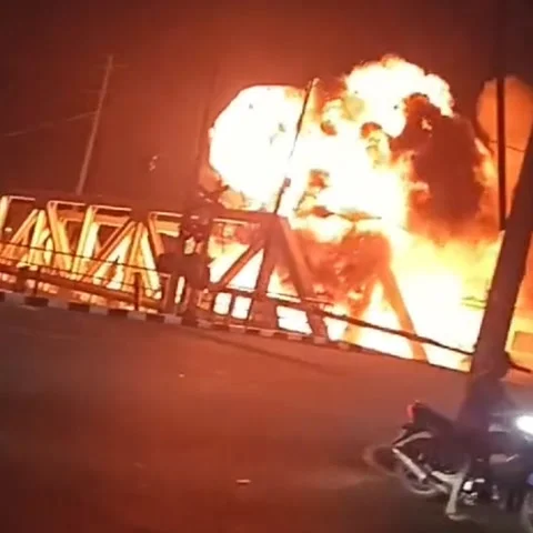 The train hit a truck, causing a fire in Semarang, Indonesia Stock Footage 246393216