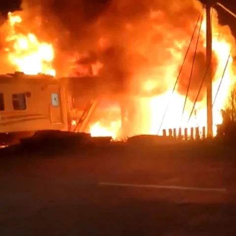 The train hit a truck, causing a fire in Semarang, Indonesia Stock Footage 246917640