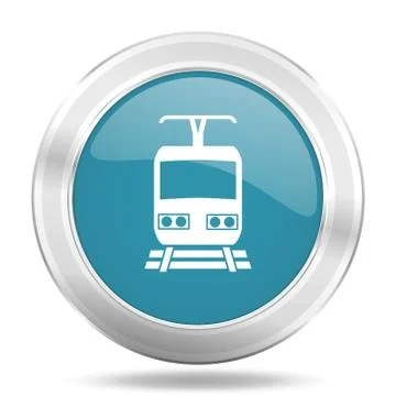 Train icon, blue round metallic glossy button, web and mobile app design illu Stock Illustration