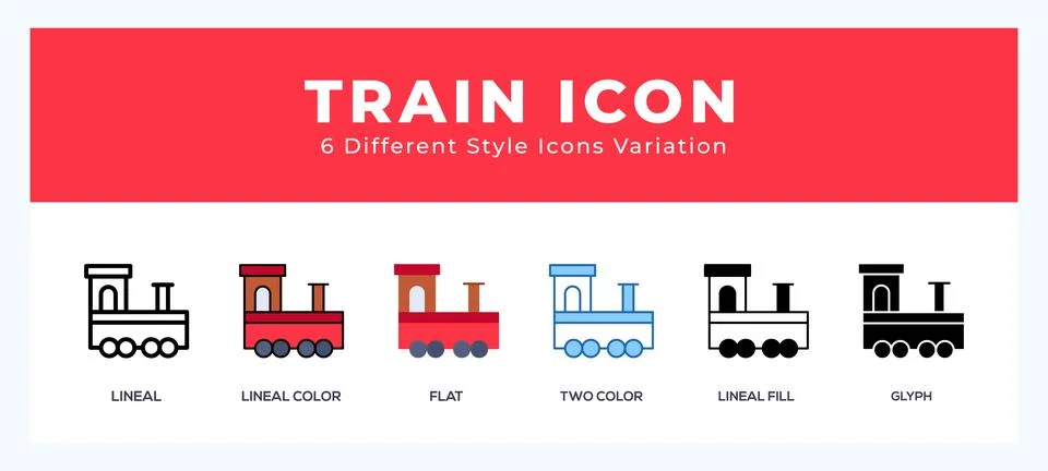 Train icon set with different styles. Design elements for logo. Vector illu.. Illustrazione stock
