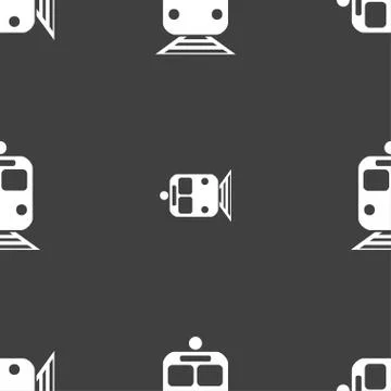 Train icon sign. Seamless pattern on a gray background. Illustrazione stock