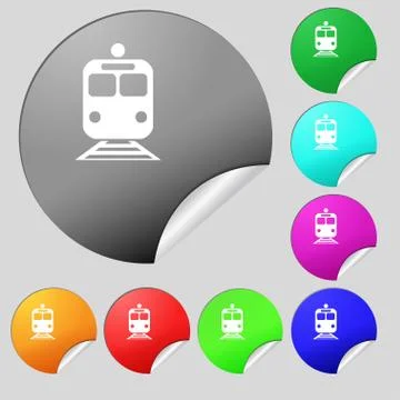 Train icon sign. Set of eight multi colored round buttons, stickers. Vector Stock Illustration