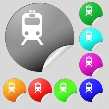 Train icon sign. Set of eight multi colored round buttons, stickers. Vector Stock Illustration