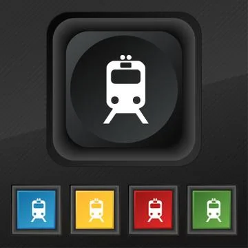 Train icon symbol. Set of five colorful, stylish buttons on black texture for yo Stockillustratie