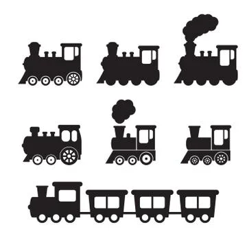 Train icon, Train with smoke symbol icon, old locomotive silhouette, vector Stock Illustration