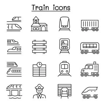Train icons set in thin line style Illustrazione stock
