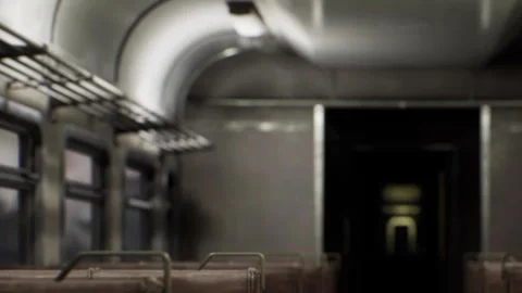 Train interior empty with seats and dark passage at night Stock Footage 341796685