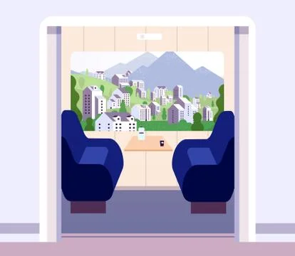 Train interior. Empty trains compartment without travellers. Summer landscape in Stock Illustration