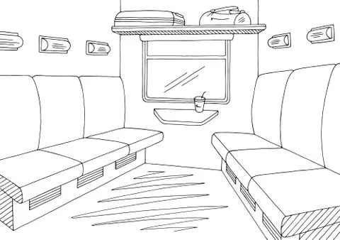 Train interior graphic black white sketch illustration vector Stock Illustration